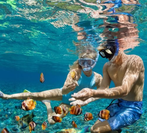 Happy family vacation. Young couple in snorkeling mask hold hand, dive underwater with fishes in coral reef sea pool. Travel lifestyle, watersport adventure, swim activity on summer beach holiday