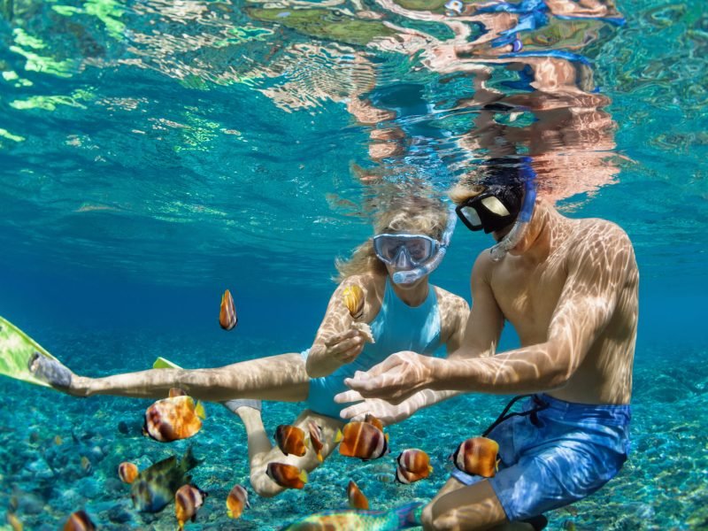 Happy family vacation. Young couple in snorkeling mask hold hand, dive underwater with fishes in coral reef sea pool. Travel lifestyle, watersport adventure, swim activity on summer beach holiday